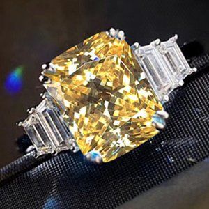 💞925 Silver Plated Iced Out CZ Yellow Crystal Wedding Ring, MARR9454